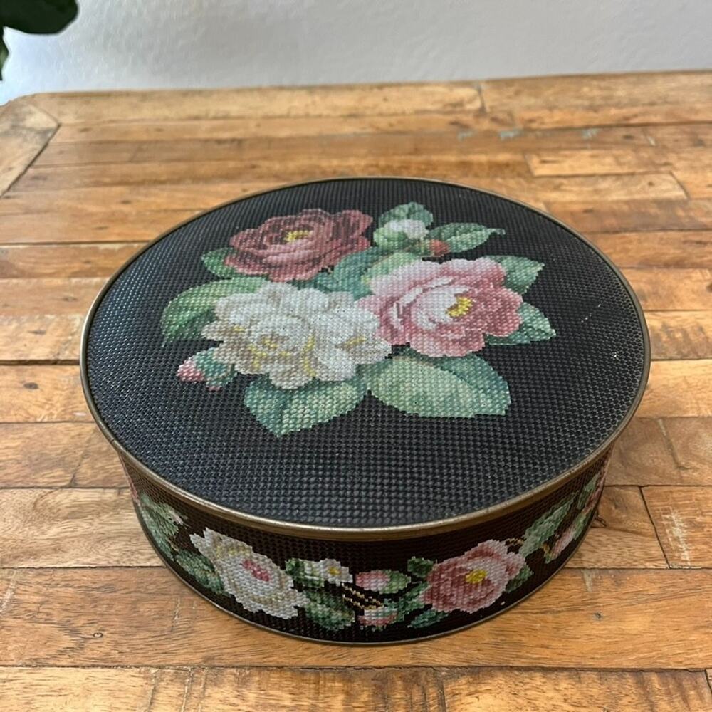 Sunshine Biscuit Tin Sewing Box Textured Rose Needlepoint Container 10"
